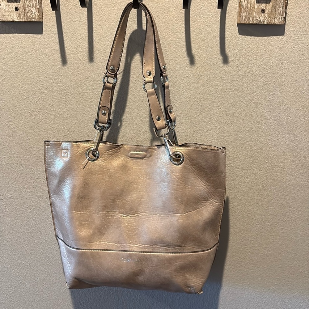 Women's Calvin Klein Leather Shoulder Silver/Pewter Leather Tote